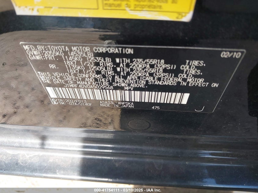 2010 TOYOTA RAV4 VIN: JTMRF4DV0A5029568
