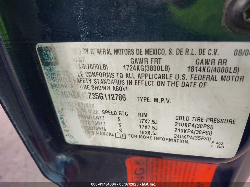 2005 Chevrolet Avalanche 1500 Z71 VIN: 3GNEK12Z35G112786 Lot: 41754384