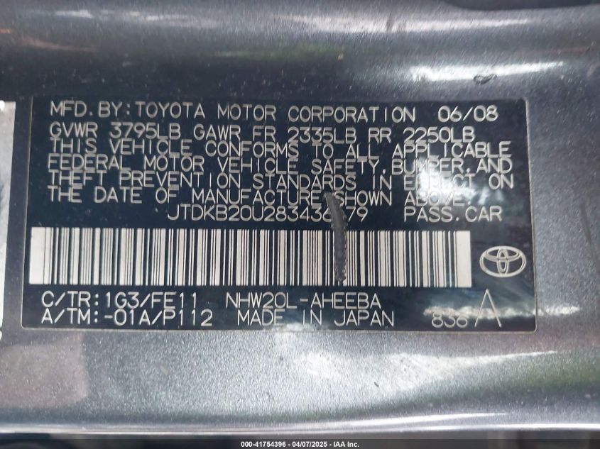 2008 Toyota Prius VIN: JTDKB20U283436179 Lot: 41754396