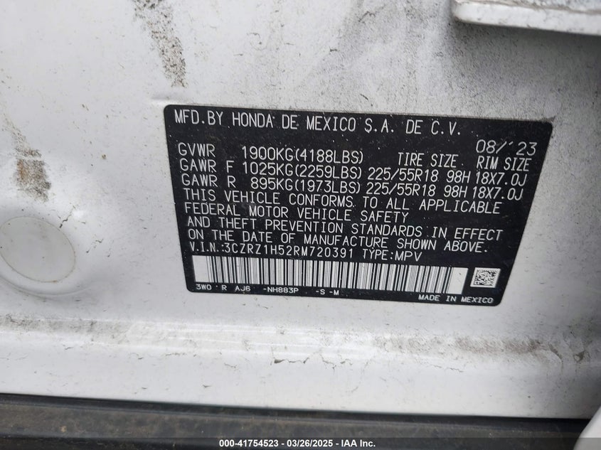 2024 HONDA HR-V 2WD SPORT/2WD SPORT W/O BSI - 3CZRZ1H52RM720391