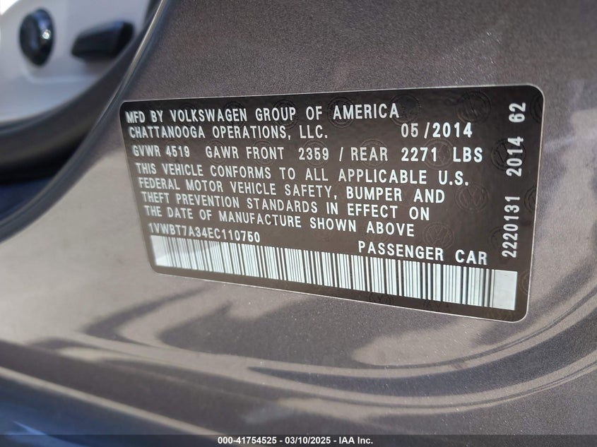 2014 VOLKSWAGEN PASSAT VIN: 1VWBT7A34EC110750