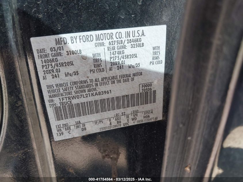 2001 Ford F-150 Harley-Davidson Edition/King Ranch Edition/Lariat/Xlt VIN: 1FTRW07L21KA83961 Lot: 41754564