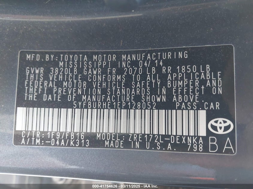 2014 TOYOTA COROLLA VIN: 5YFBURHE1EP128052