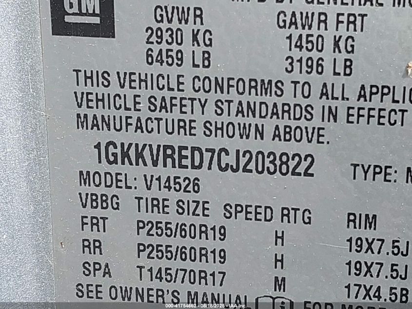 2012 GMC Acadia Slt-1 VIN: 1GKKVRED7CJ203822 Lot: 41754662