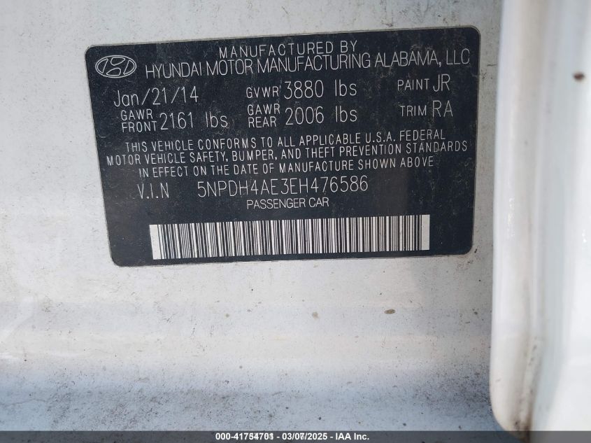 2014 Hyundai Elantra Se VIN: 5NPDH4AE3EH476586 Lot: 41754701