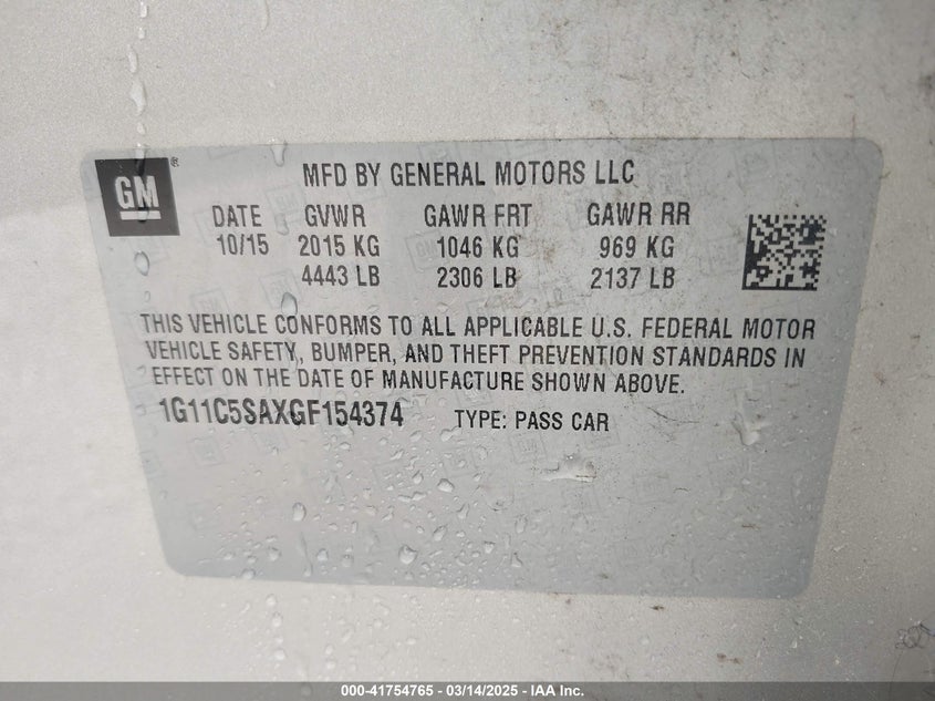 2016 CHEVROLET MALIBU LIMITED VIN: 1G11C5SAXGF154374