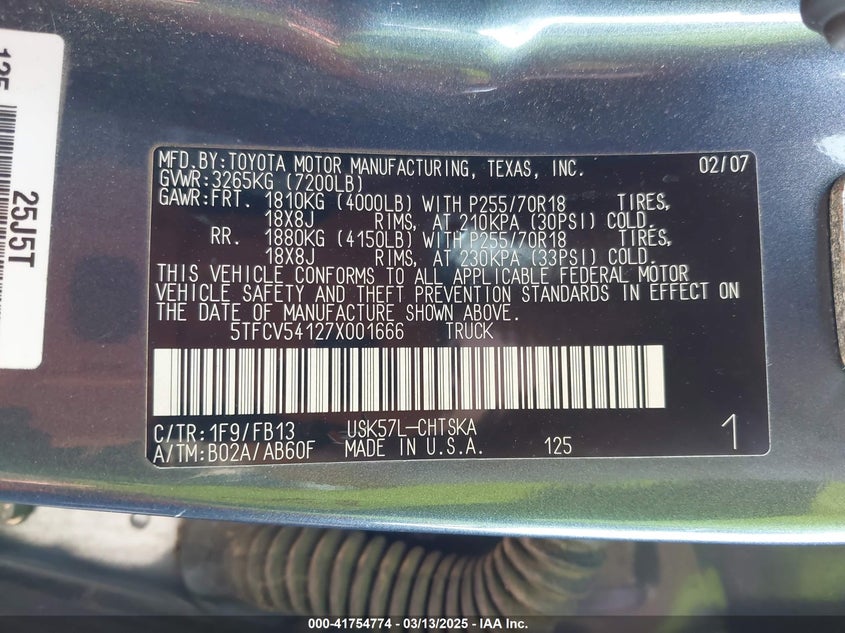 2007 TOYOTA TUNDRA VIN: 5TFCV54127X001666