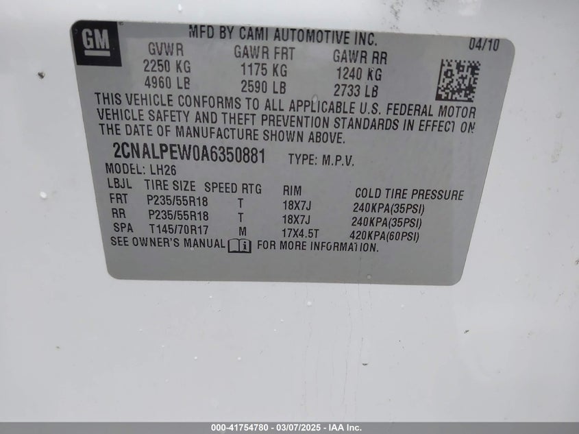 2010 CHEVROLET EQUINOX VIN: 2CNALPEW0A6350881