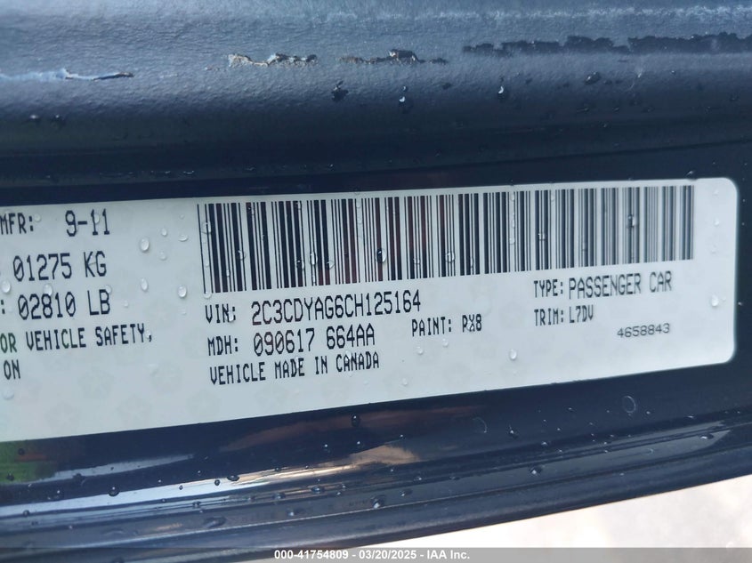 2012 DODGE CHALLENGER VIN: 2C3CDYAG6CH125164