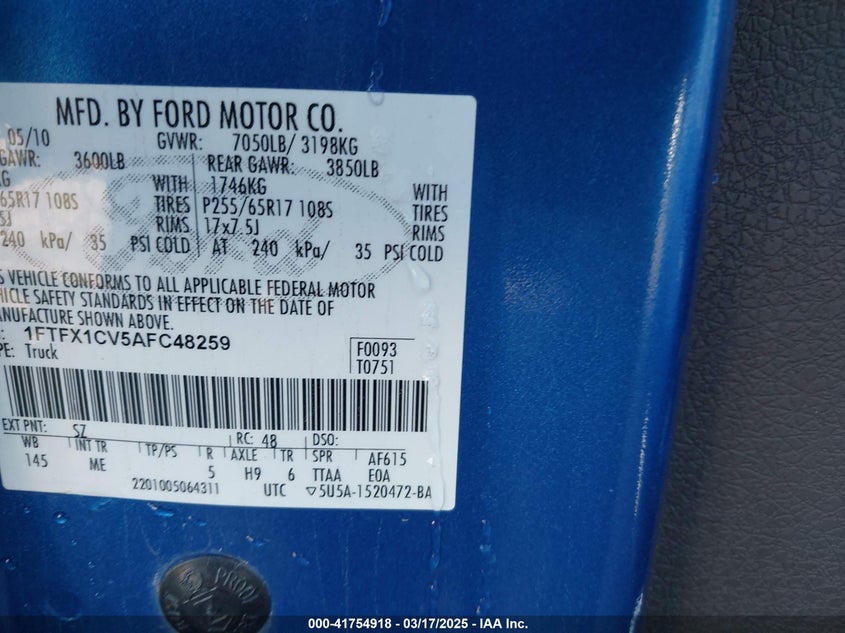 2010 FORD F-150 VIN: 1FTFX1CV5AFC48259