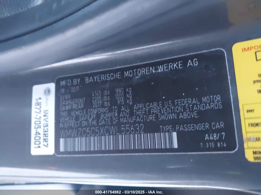 2012 MINI COOPER VIN: WMWZC5C5XCWL55632