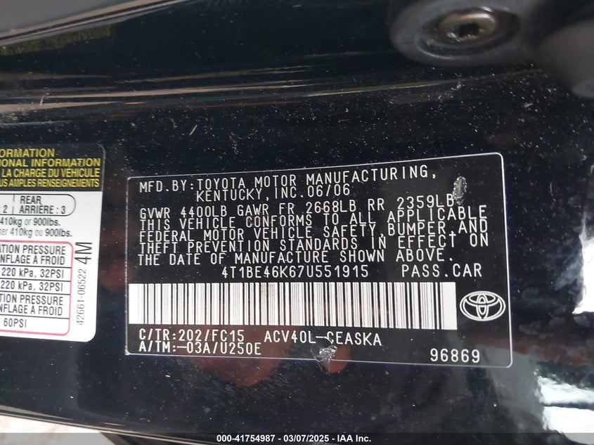 2007 TOYOTA CAMRY VIN: 4T1BE46K67U551915