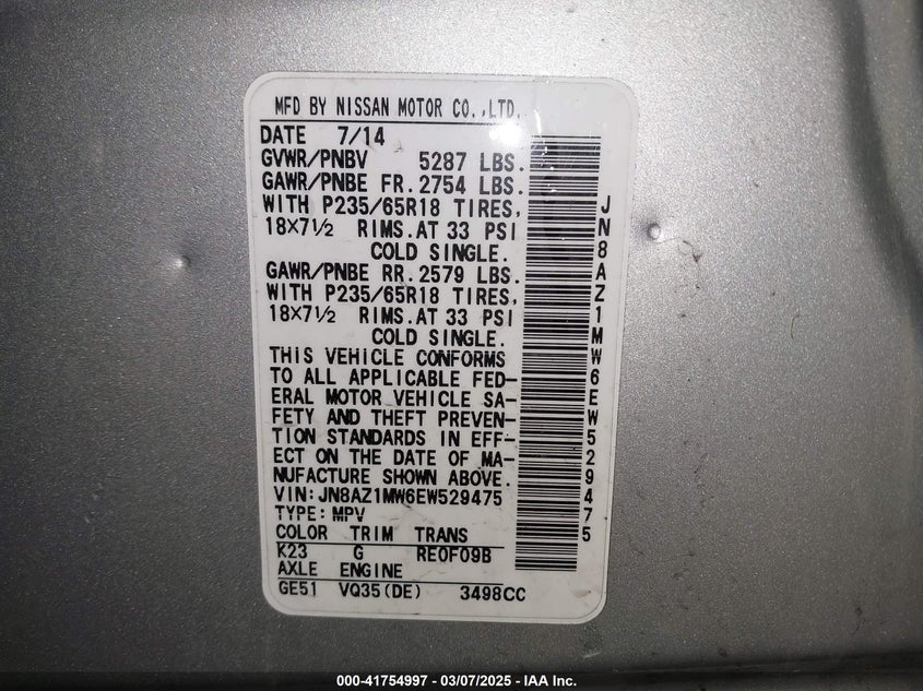 2014 Nissan Murano Sl VIN: JN8AZ1MW6EW529475 Lot: 41754997