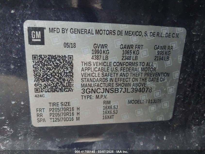 2018 Chevrolet Trax Ls VIN: 3GNCJNSB7JL394078 Lot: 41755145