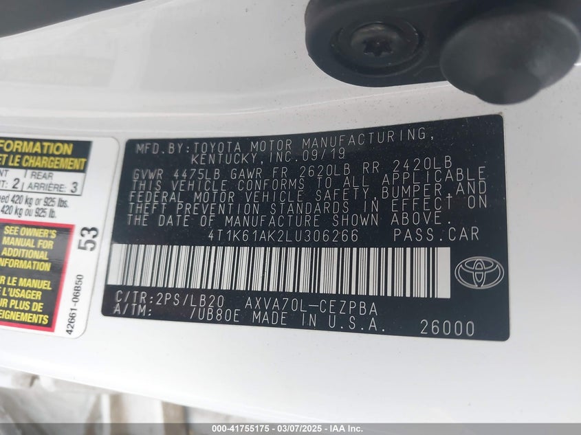 2020 TOYOTA CAMRY VIN: 4T1K61AK2LU306266