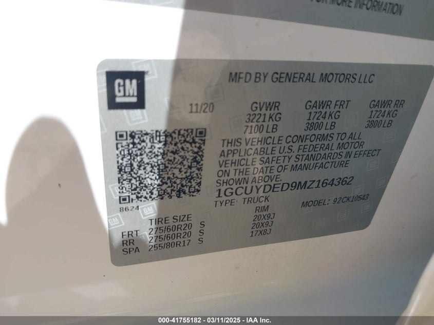 2021 CHEVROLET SILVERADO 1500 VIN: 1GCUYDED9MZ164362