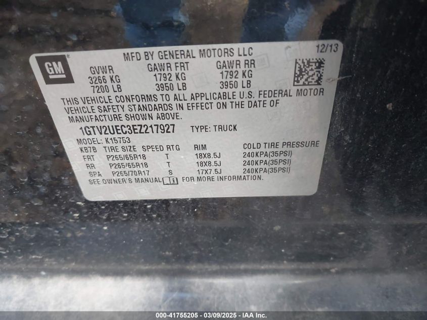 2014 GMC Sierra 1500 Sle VIN: 1GTV2UEC3EZ217927 Lot: 41755205