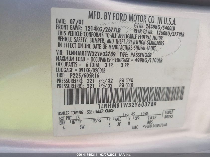 2002 Lincoln Town Car Executive VIN: 1LNHM81W32Y603789 Lot: 41755214