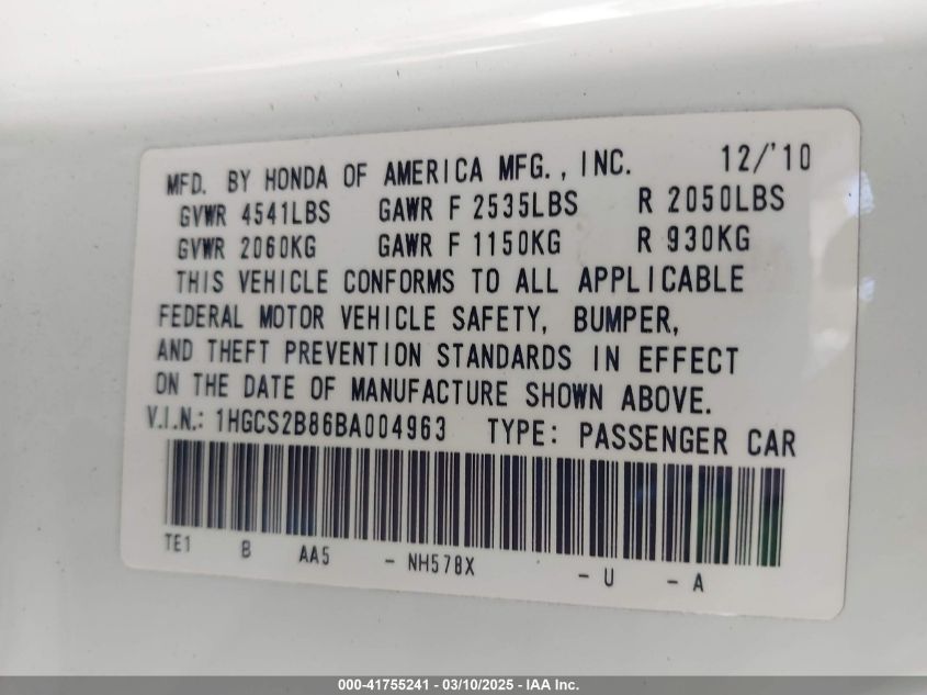 2011 Honda Accord 3.5 Ex-L VIN: 1HGCS2B86BA004963 Lot: 41755241