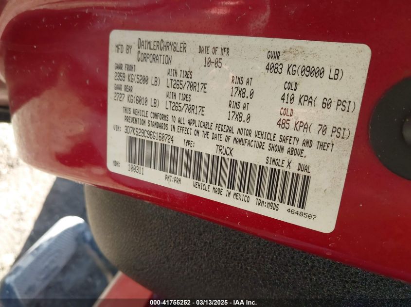 2006 Dodge Ram 2500 Slt VIN: 3D7KS29C96G160724 Lot: 41755252