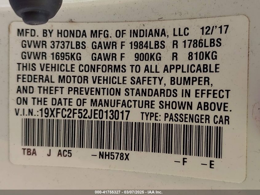 2018 Honda Civic Lx VIN: 19XFC2F52JE013017 Lot: 41755327