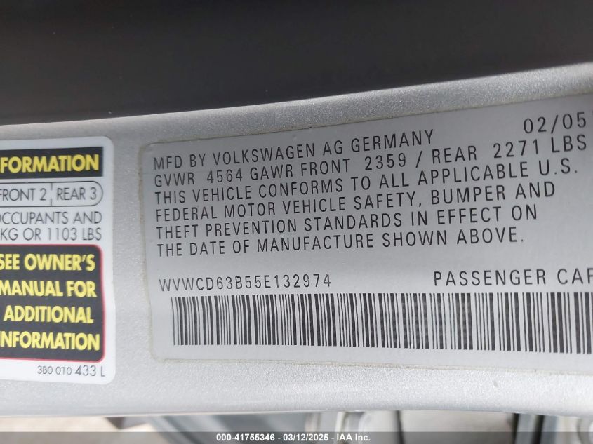 2005 Volkswagen Passat Gls VIN: WVWCD63B55E132974 Lot: 41755346