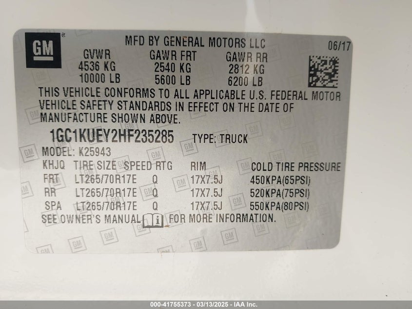 2017 CHEVROLET SILVERADO 2500HD VIN: 1GC1KUEY2HF235285