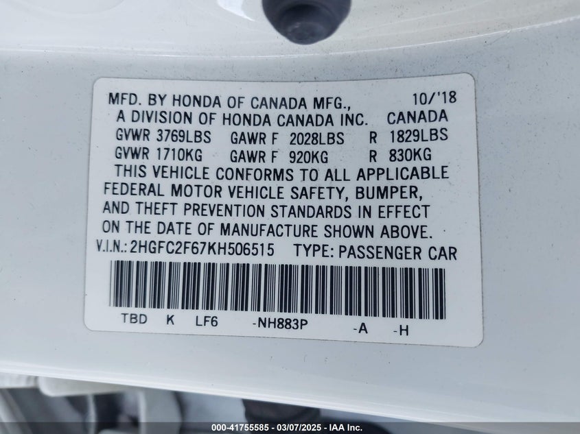 2019 HONDA CIVIC VIN: 2HGFC2F67KH506515