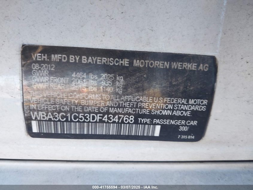 2013 BMW 328I VIN: WBA3C1C53DF434768 Lot: 41755594