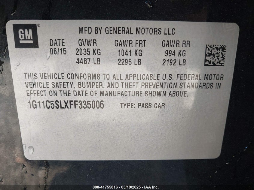 2015 CHEVROLET MALIBU VIN: 1G11C5SLXFF335006