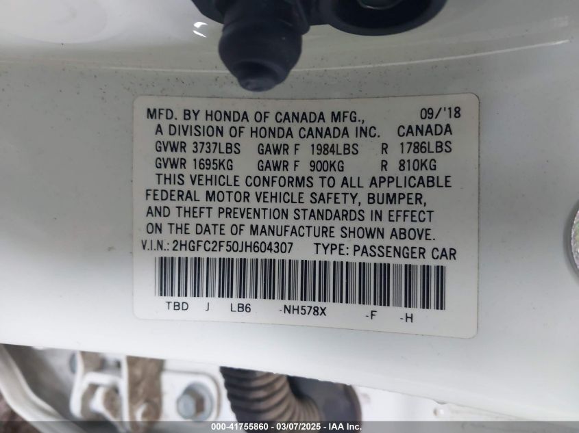 2018 Honda Civic Lx VIN: 2HGFC2F50JH604307 Lot: 41755860