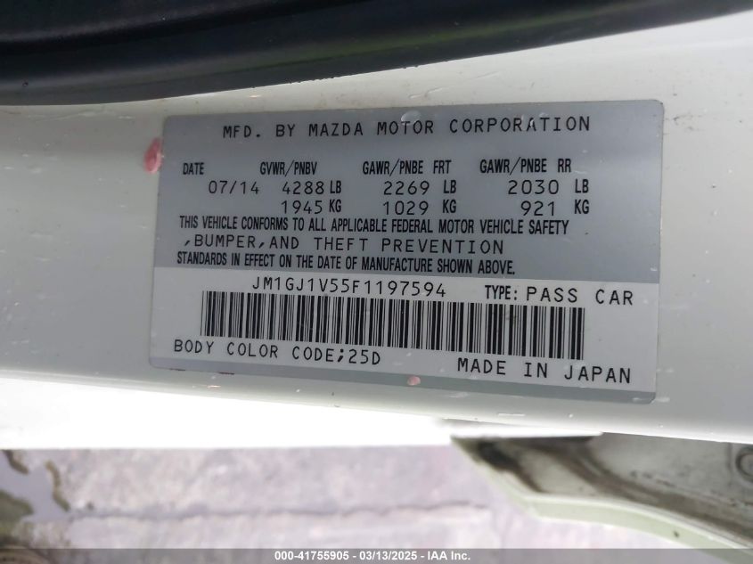 2015 Mazda Mazda6 I Touring VIN: JM1GJ1V55F1197594 Lot: 41755905