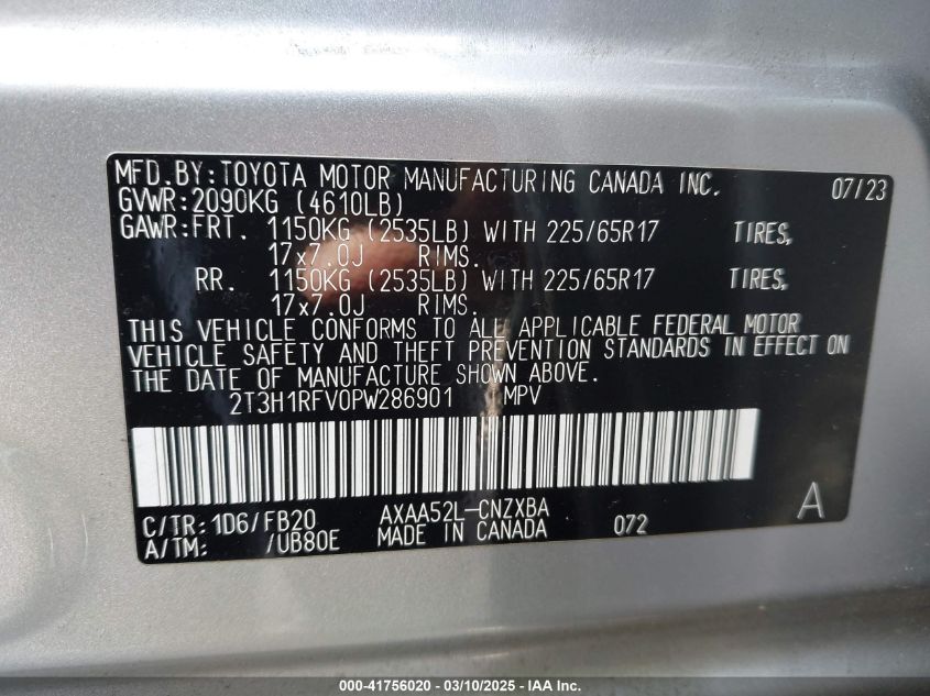 2023 Toyota Rav4 Le VIN: 2T3H1RFV0PW286901 Lot: 41756020