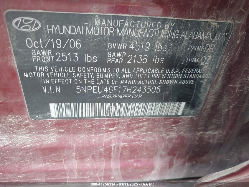 2007 HYUNDAI SONATA VIN: 5NPEU46F17H243505