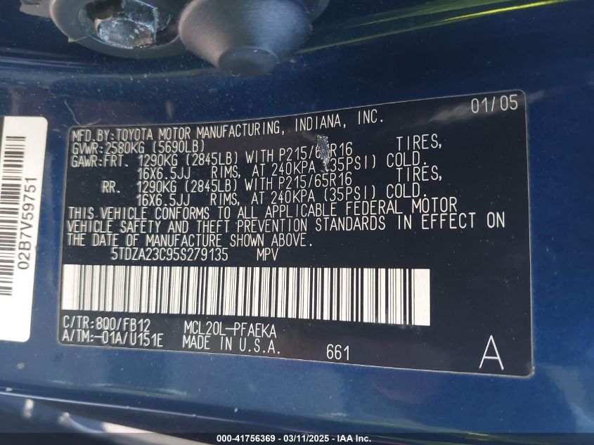 2005 Toyota Sienna Le VIN: 5TDZA23C95S279135 Lot: 41756369