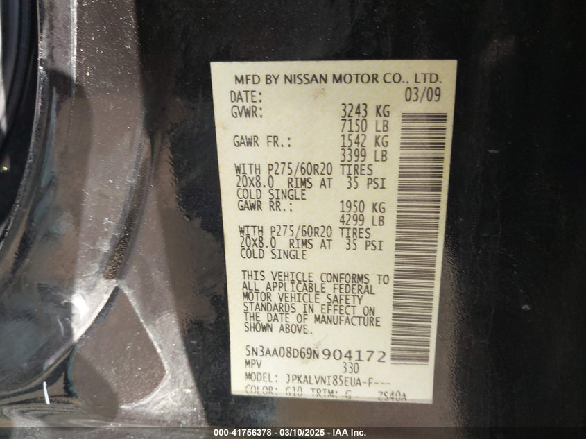 2009 Infiniti Qx56 VIN: 5N3AA08D69N904172 Lot: 41756378