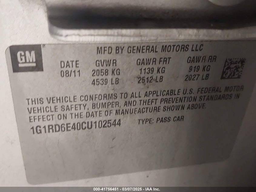2012 CHEVROLET VOLT VIN: 1G1RD6E40CU102544