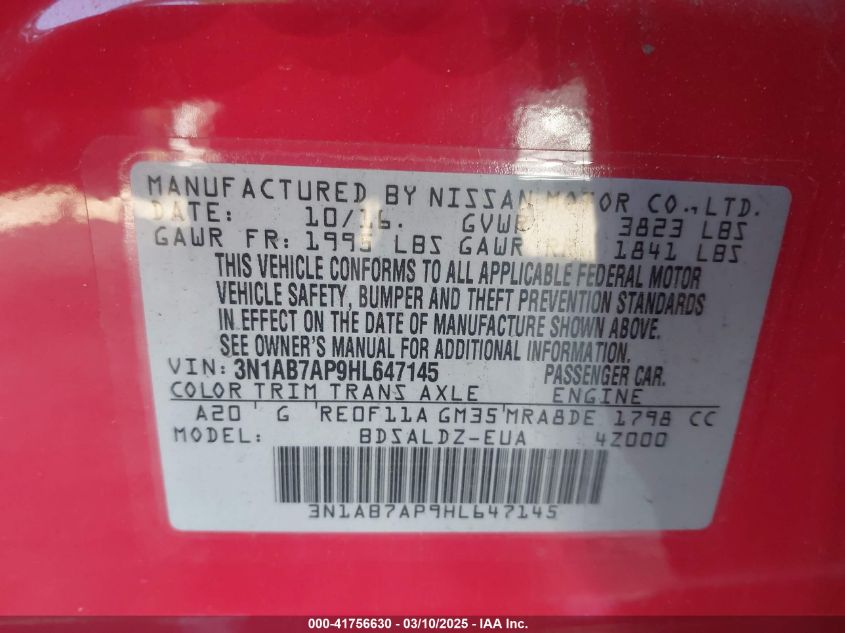 2017 Nissan Sentra S/Sv/Sr/Sl VIN: 03N1AB7AP9HL64714 Lot: 41756630