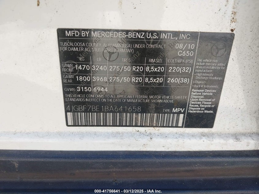 2011 MERCEDES-BENZ GL 450 VIN: 4JGBF7BE1BA641658