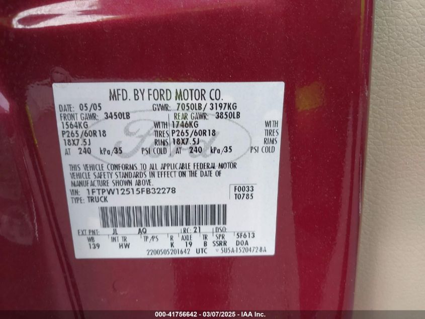 2005 Ford F-150 Lariat/Xlt VIN: 1FTPW12515FB32278 Lot: 41756642