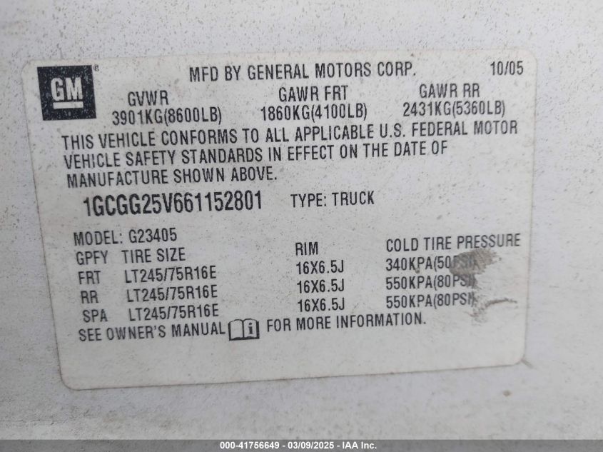 2006 Chevrolet Express Work Van VIN: 1GCGG25V661152801 Lot: 41756649