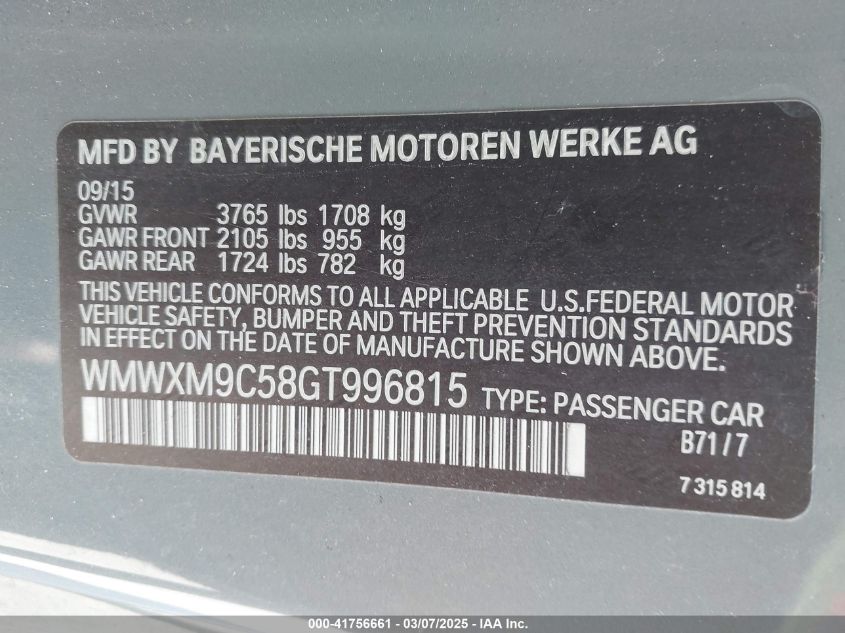 2016 Mini Hardtop John Cooper Works VIN: WMWXM9C58GT996815 Lot: 41756661