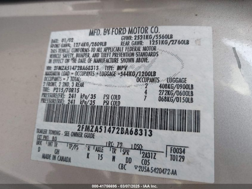 2002 Ford Windstar Lx W/120A/Lx W/130A VIN: 2FMZA51472BA68313 Lot: 41756695