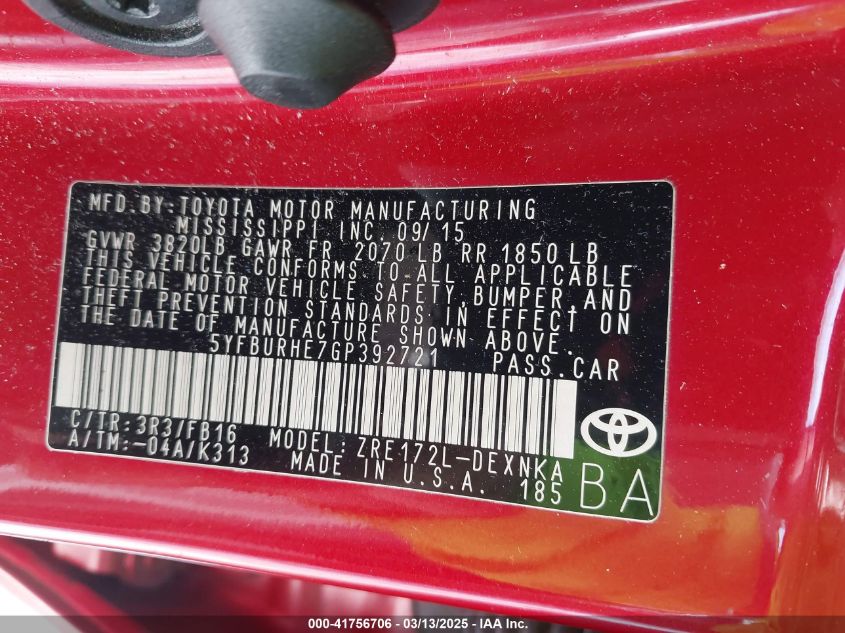 2016 Toyota Corolla Le VIN: 5YFBURHE7GP392721 Lot: 41756706