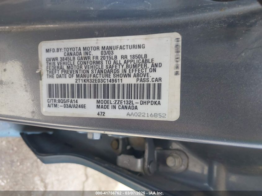 2003 Toyota Matrix Standard VIN: 2T1KR32E03C149611 Lot: 41756762