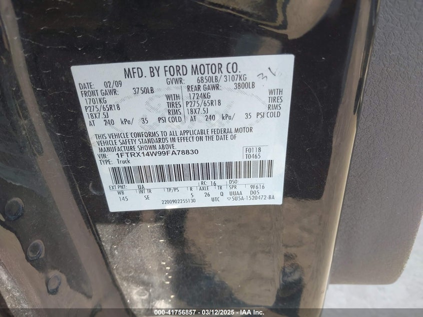 2009 FORD F150 VIN: 1FTRX14W99FA78830
