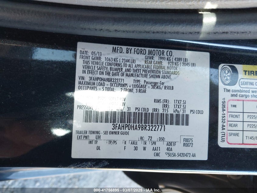 2011 FORD FUSION VIN: 3FAHP0HA9BR322771