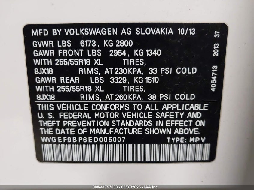 2014 VOLKSWAGEN TOUAREG 3.6L SPORT - WVGEF9BP6ED005007