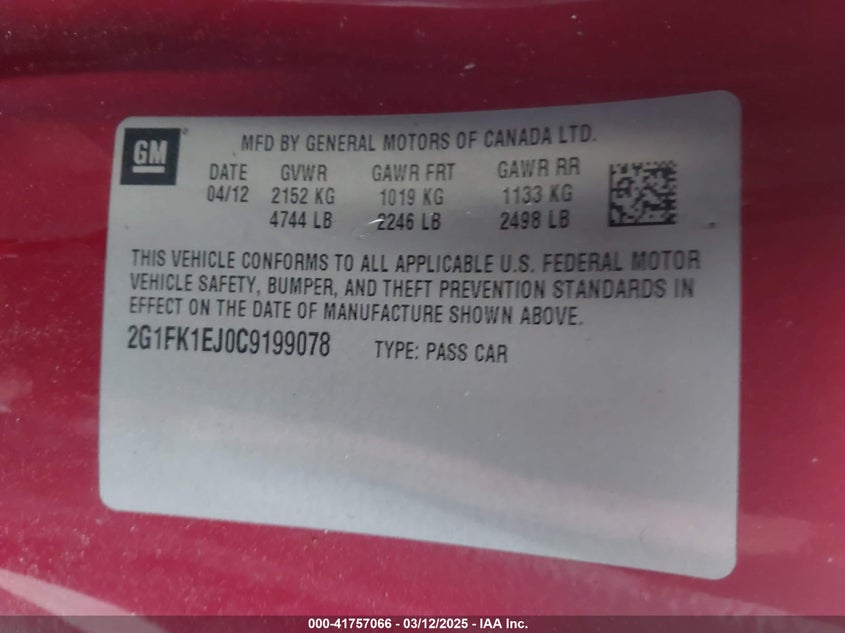 2012 CHEVROLET CAMARO VIN: 2G1FK1EJ0C9199078