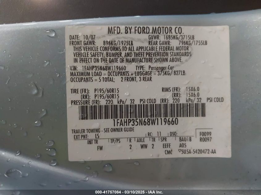 2008 Ford Focus Se/Ses VIN: 1FAHP35N68W119660 Lot: 41757084